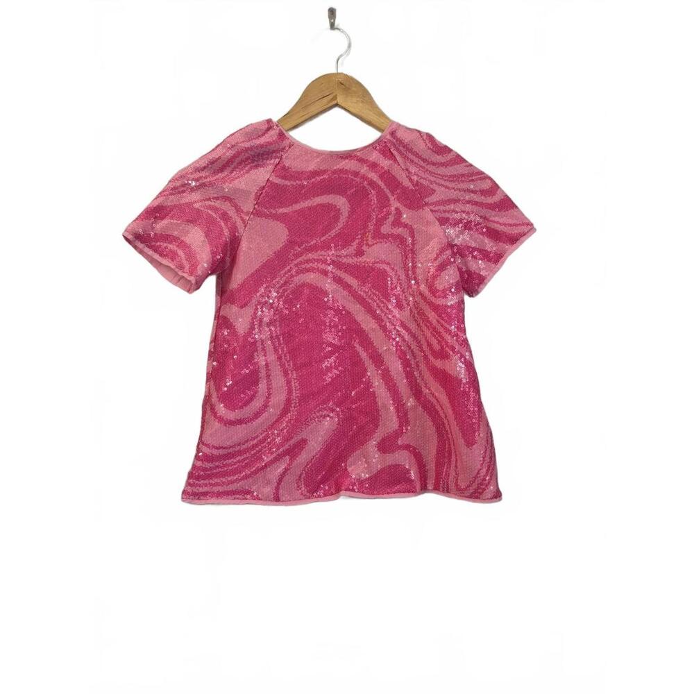 H&M Toddlers Girls Pink Fuschia Sequin Dress Abstract Print Short Sleeve Lined
